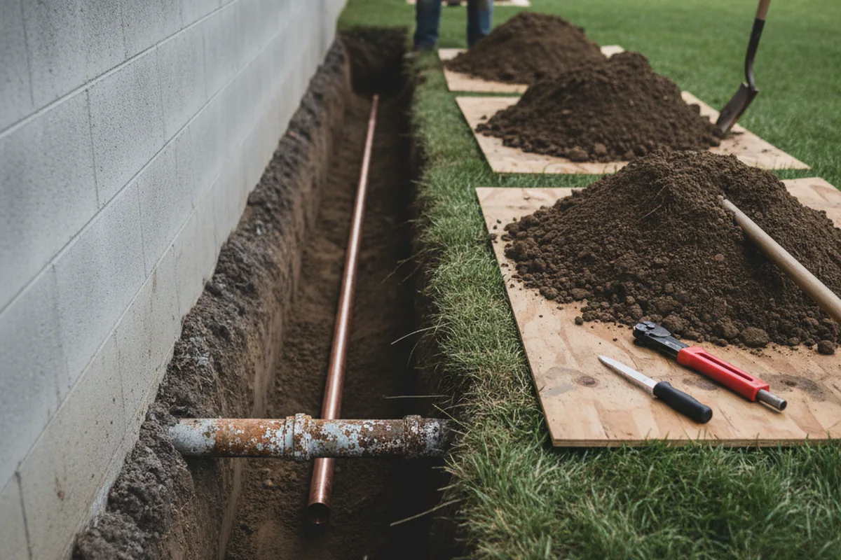 Excavated water line trench during Water Softener Installation in Crawfordsville